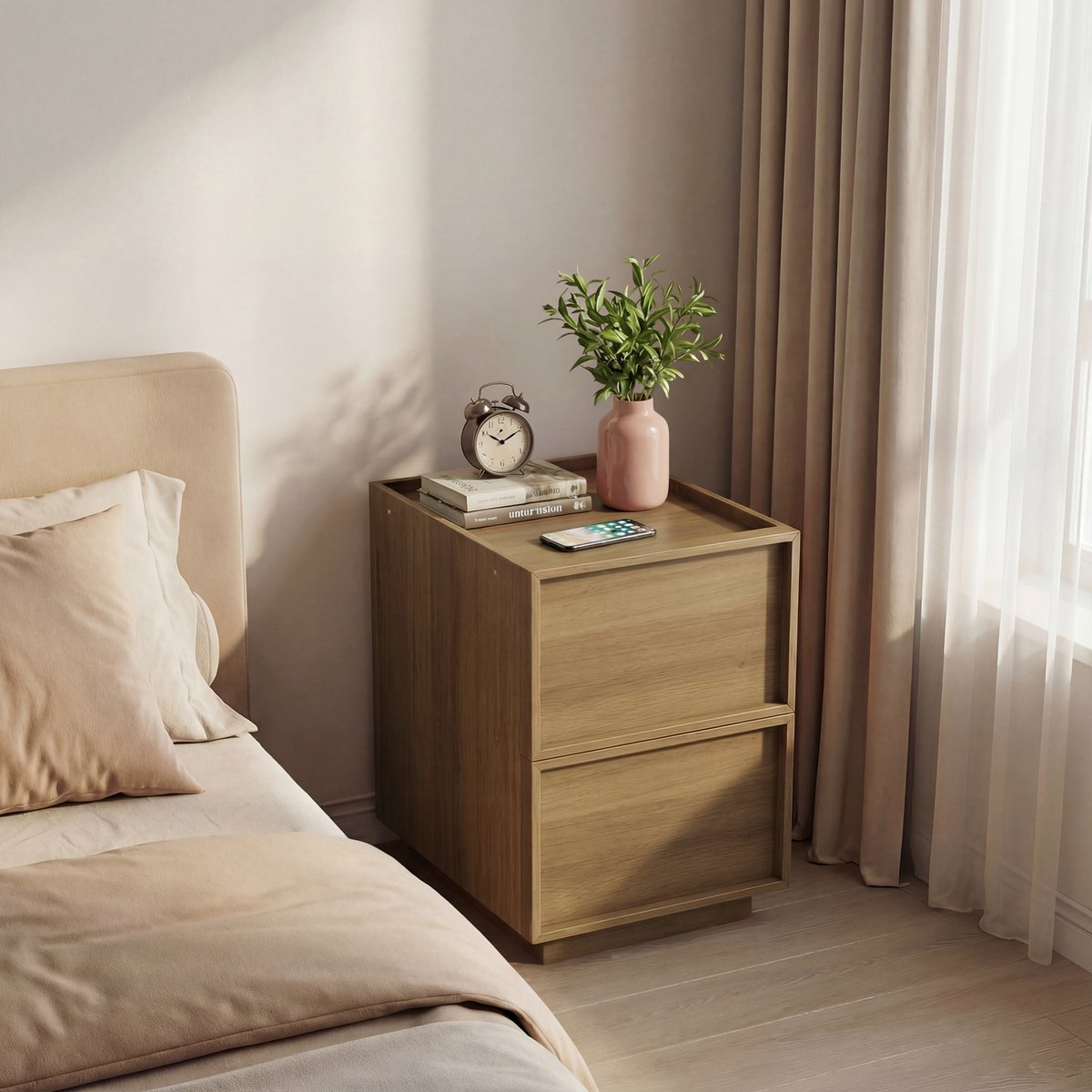 DESMIU Nachtkastje - Minimalistisch Design Met 2 Greeploze Laden - Voor Slaapkamer Of Als Bijzettafel - MDF En Spaanplaat - 38x48x55 Cm - Eikenkleur