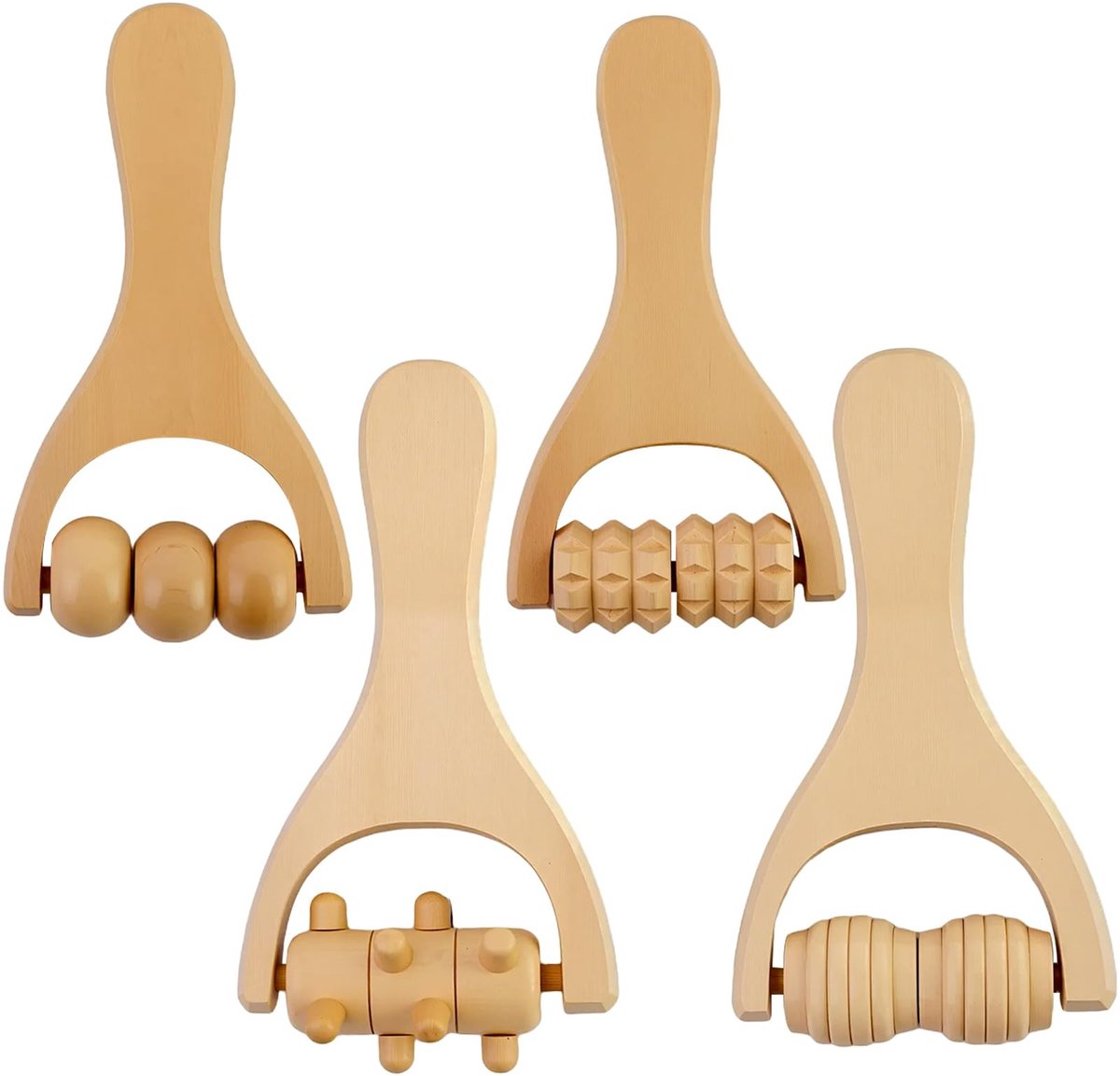 Dailygoods- Massageroller Hout - Massageapparaat voor Rug en Benen - 4 Stuks - Handgreep - Ontspanning van Spieren - 25,7 x 19,5 x 2,9 cm