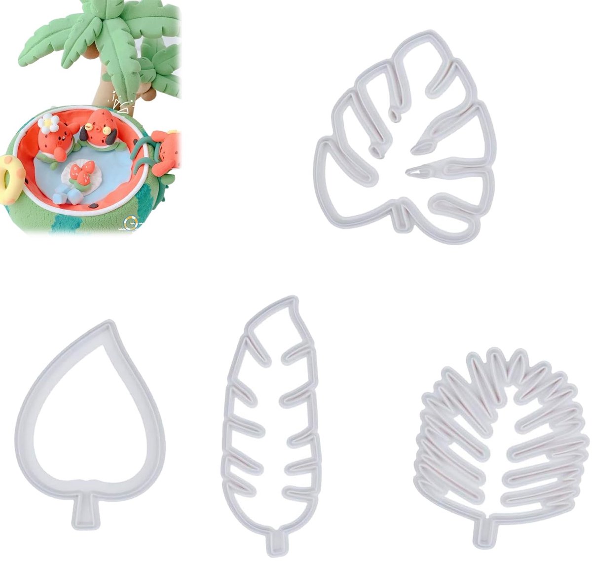 Dailygoods- Koekjesvormpjes set - 4 stuks bladvormen - Voedselveilig kunststof - Antiaanbaklaag - Herbruikbaar - Vaatwasmachinebestendig - Perfect voor tropische decoraties - Uitsteekvormpjes