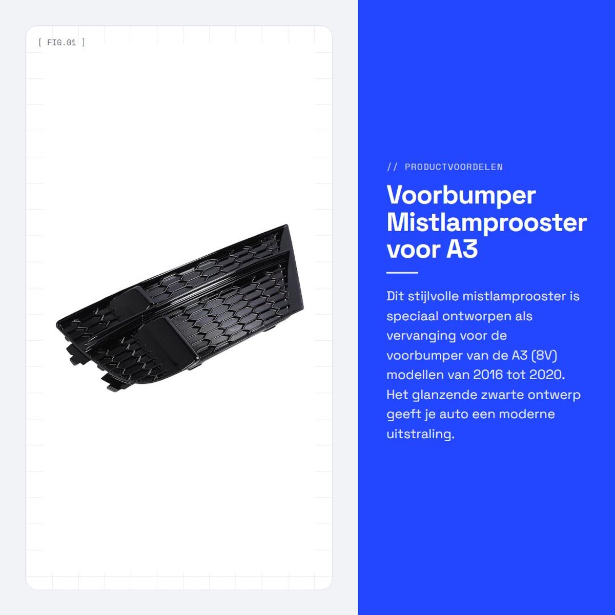 Dailygoods- Mistlamprooster Vervanging A3 2016-2020 - Voorbumper - Glanzend Zwart - Duurzaam ABS - Dynamisch Ontwerp - Roestbestendig - Grille
