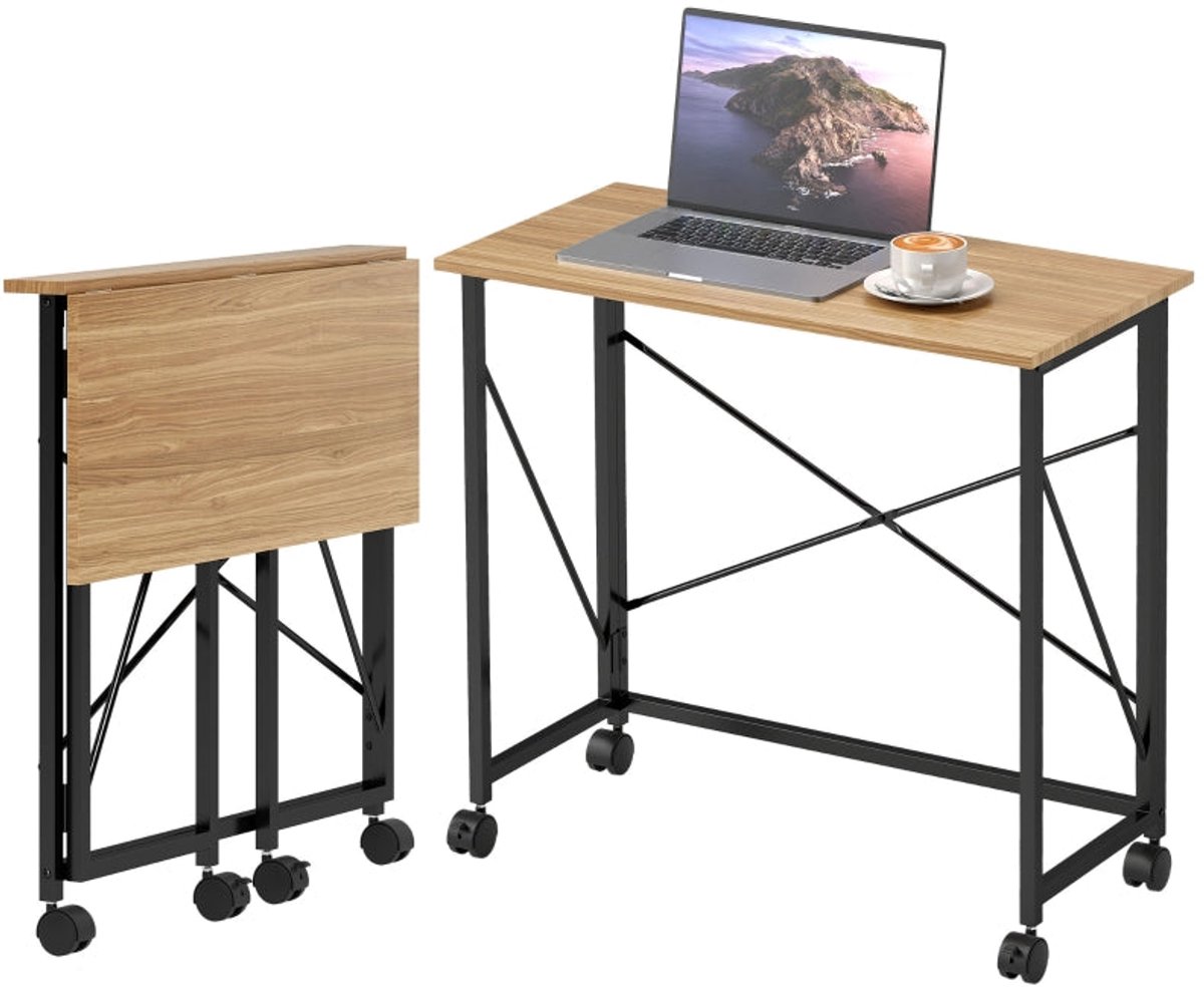 Merax Opvouwbaar Bureau Met Wielen - Compact Computerbureau 80 cm - Ruimtebesparend Thuiswerkbureau - Eikenlook En Zwart