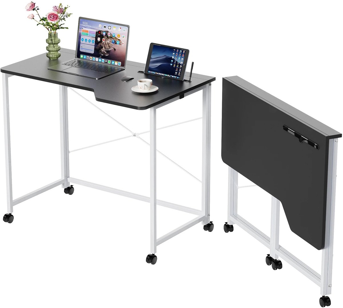 Dailygoods Opklapbaar bureau op wielen, 90x56x75cm computertafel met kaartsleuf, studeertafel voor thuiskantoor, slaapka