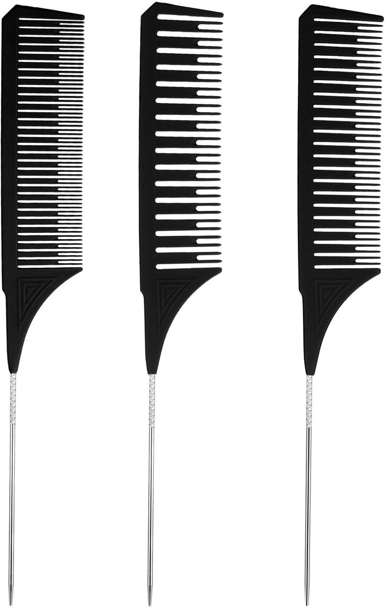 Dailygoods- Highlightkam 3 Stuks - Professionele Stylingkam - Zwart - Kunststof/Roestvrij Staal - Tandafstand 1/1,5/2 mm - 25,5×10 cm - Haarkam