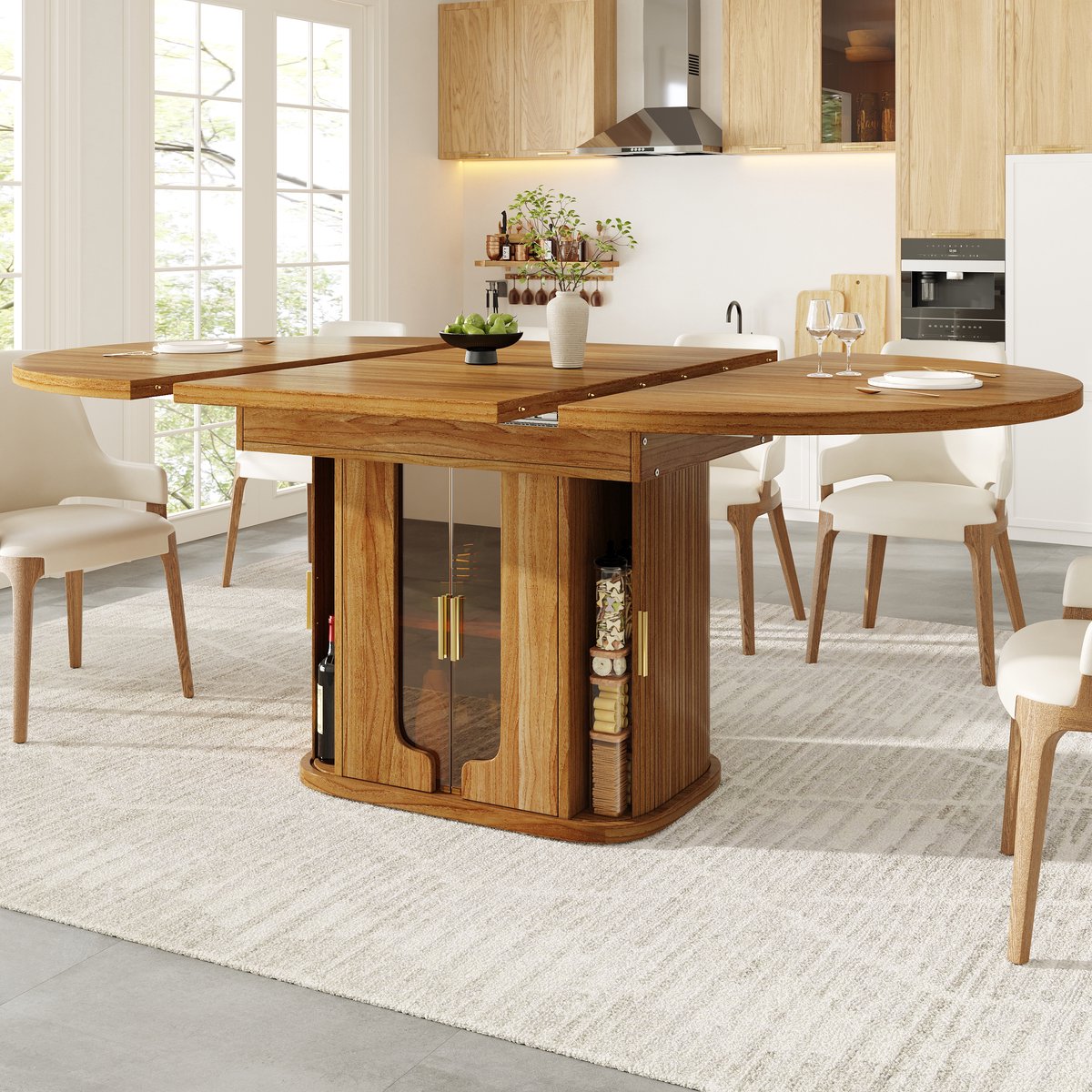 DESMIU Uitschuifbare Eettafel - Ronde Tafel Naar Ovaal Met Opbergruimte En Glazen Fronten - Woonkamer En Eetkamer - Walnoot - 118-158 Cm