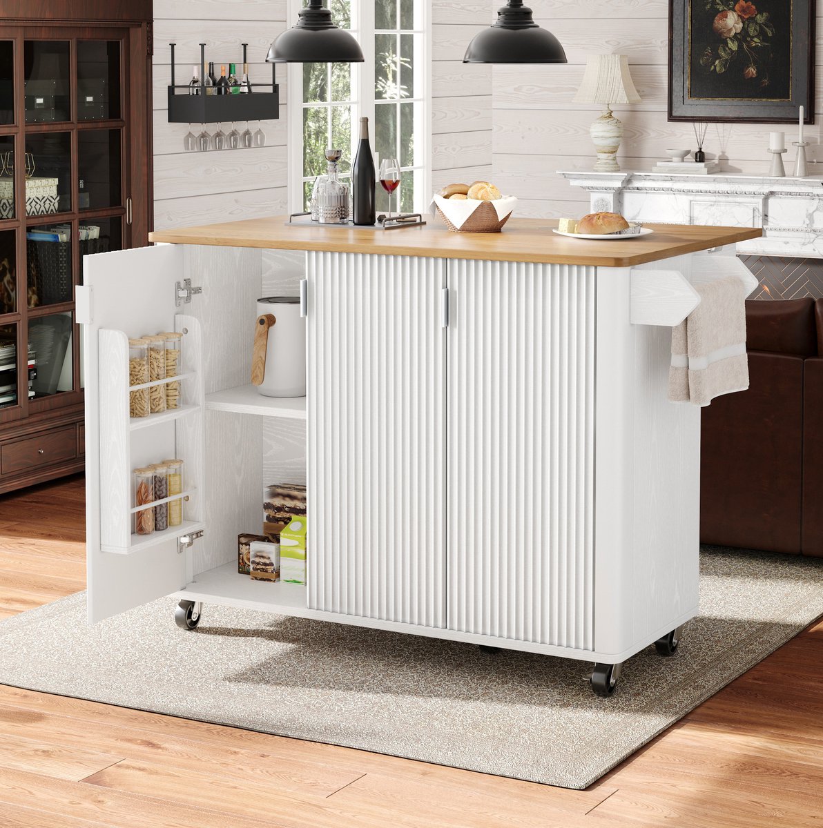 DESMIU Keuken Eiland - Opklapbaar Werkblad Met Opbergruimte En Wieltjes - Voor Keuken En Eetkamer - MDF - Wit - 130x45x92 Cm