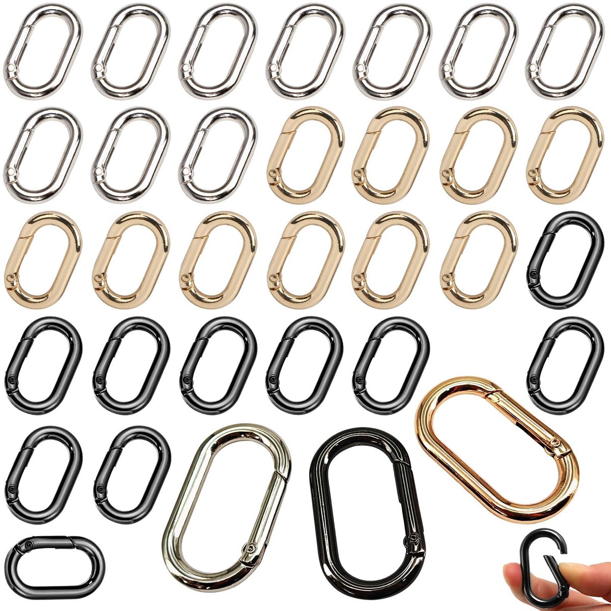Dailygoods - 30 Stuks Ovale Karabijnhaken - Metaal in Goud, Zilver en Zwart - Kleine Sleutelhanger Clips