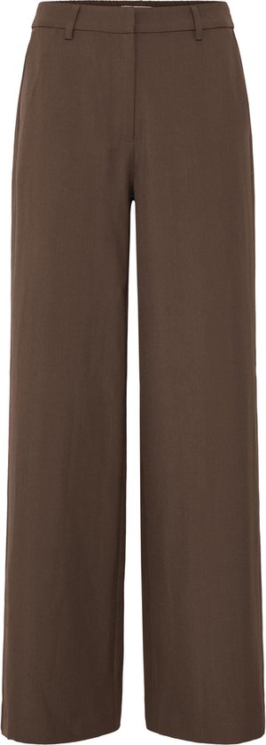 Bruine wijde broek met elastische tailleband, van de voorkant gezien.