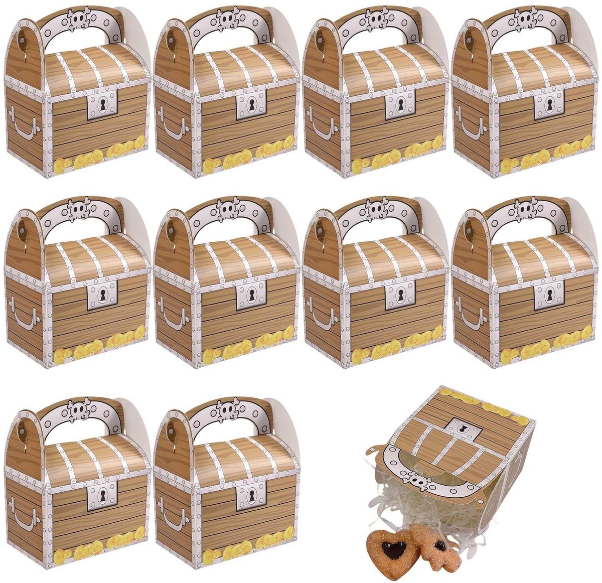 Dailygoods- Kinderschatkist Set van 10 - Opvouwbare Dozen - Piratenthema - 14x11x7 cm - Duurzaam Karton - Voor Verjaardagspartijtjes - Feestdoos