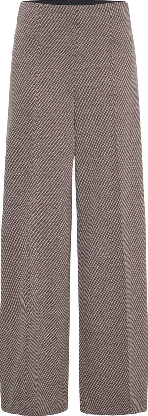 Bruine broek met een diagonale krijtstreep in wit en grijs. Wijde pijpen.