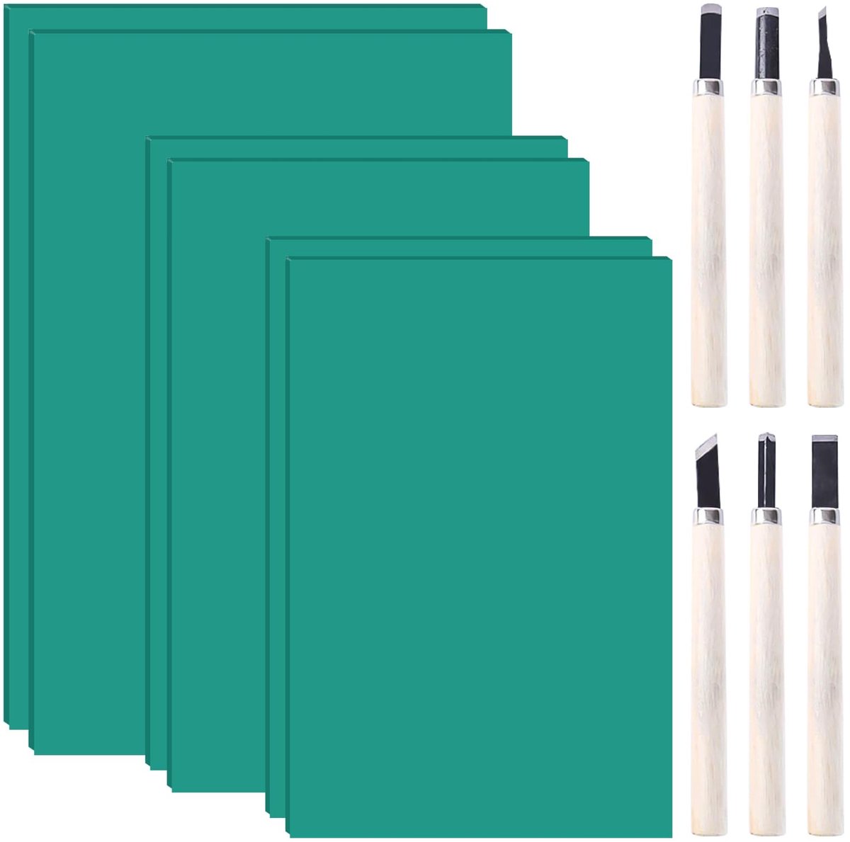 Dailygoods- Linoldruk Set 6 Stuks - A4/A5/A6 Linoleum Plaat - Professionele Snijgereedschappen - Rubberen Stempeldruk - Kunsthandwerk - Zacht Rubber - Drukset
