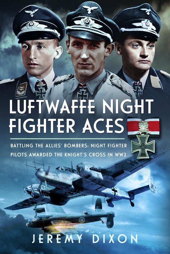 Couverture du livre 'Luftwaffe Night Fighter Aces' avec trois pilotes en uniforme et deux avions.