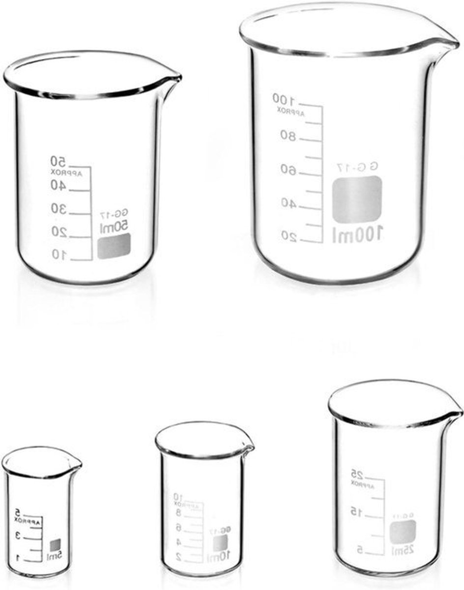 5-delige set Maatbeker Glazen Maatbeker 5ml 10ml 25ml 50ml 100ml voor Laboratorium en Keuken