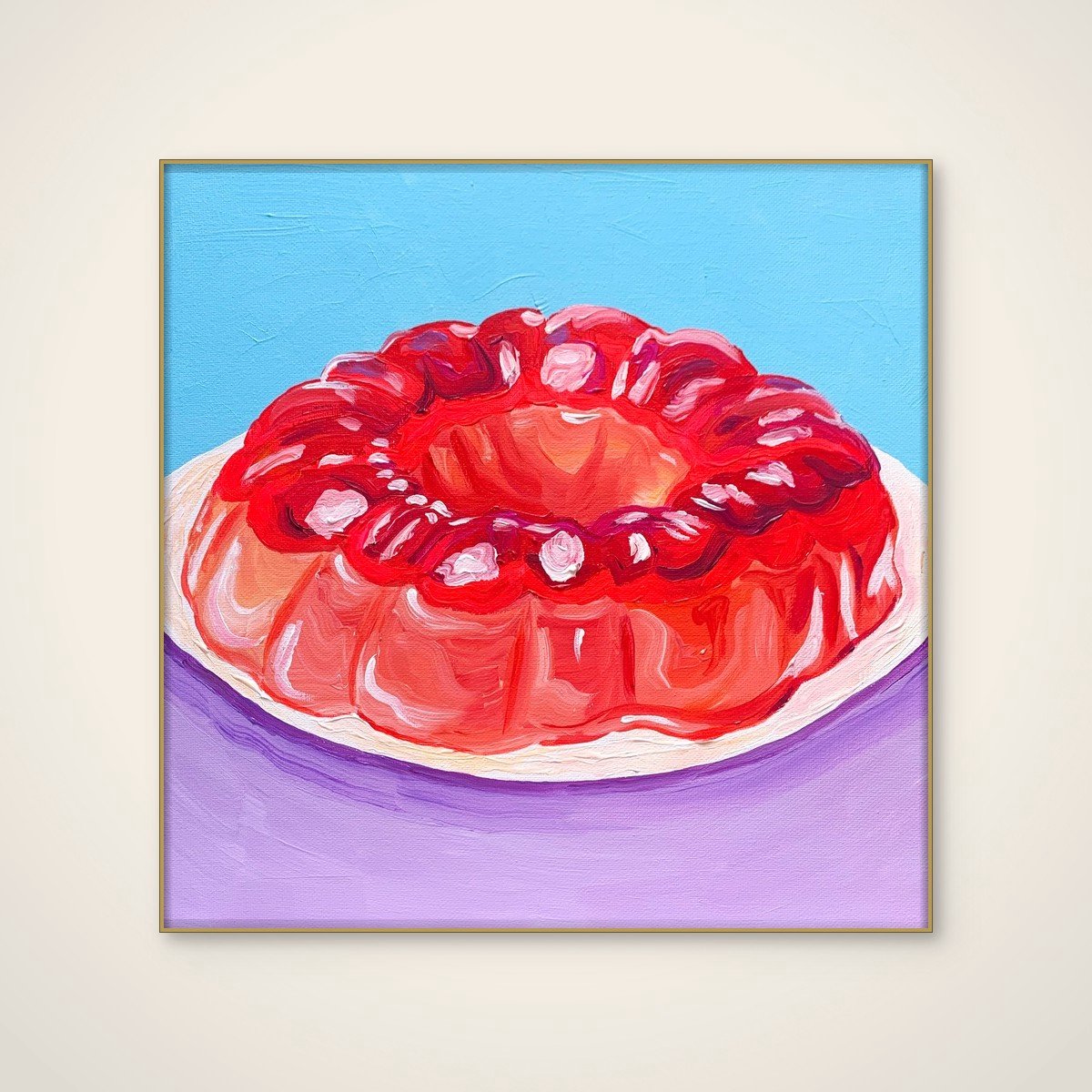 Akoestisch schilderij - 80 x 80 cm - Vibrant Jello Mold van Pauline Wegman | Key and Sea Creative - Abstracte wanddecoratie - goud textielframe