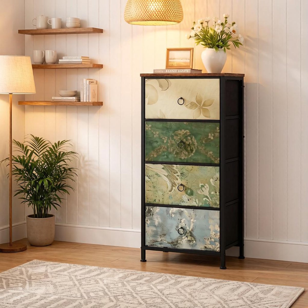 Wishdor - Dressoir kast - 4 stoffen lades - vintage bloemenmotief - slaapkamer of hal - houtlook en metaal - meerkleurig bruin - 45 x 30 x 94,5 cm