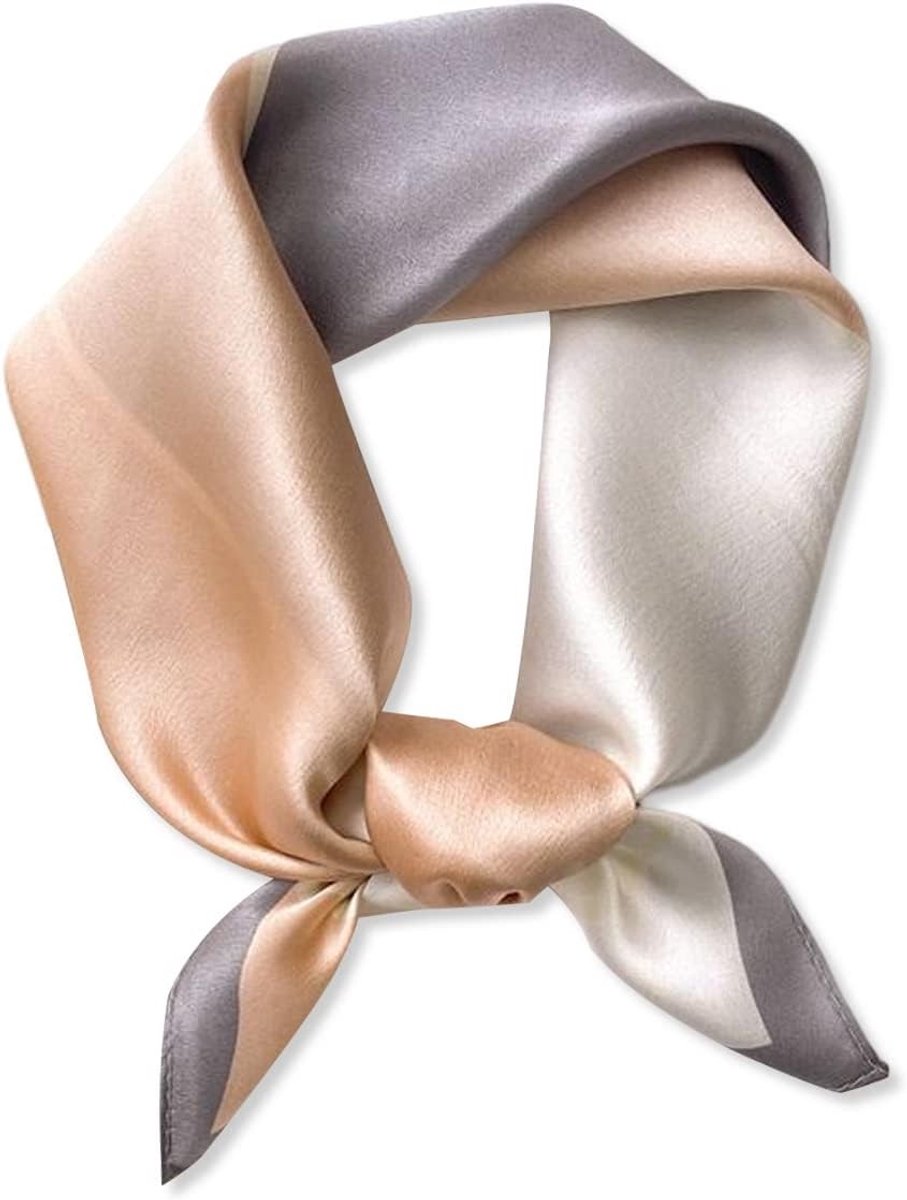 Zijdeachtige vierkante sjaal voor dames met geometrisch kleurblok en streeppatroon - multifunctionele nekkraag en bandana in grijs/beige.
