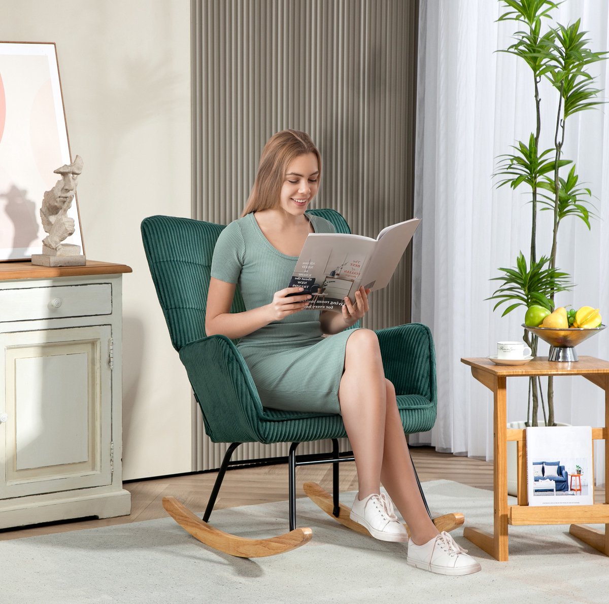 FloraGrace Schommelstoel – 71 x 98 x 101 cm – Met Hoge Rugleuning En Armleuningen – Voor Woonkamer Of Slaapkamer – Polyester – Donkergroen