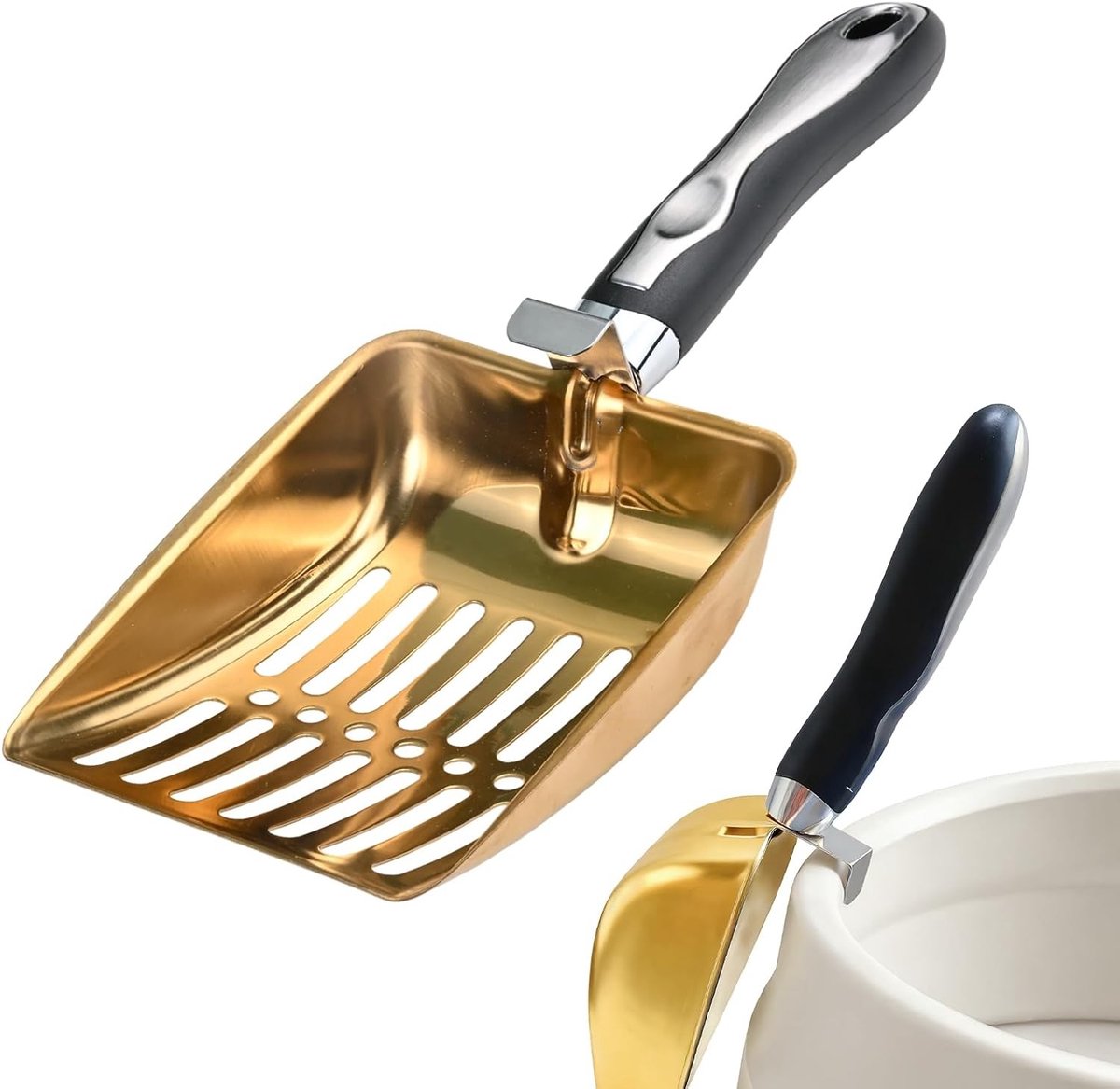 RVS kattenbakschep met filtermesh en ophangfunctie, ergonomische PP-handgreep, 26,2 cm lang