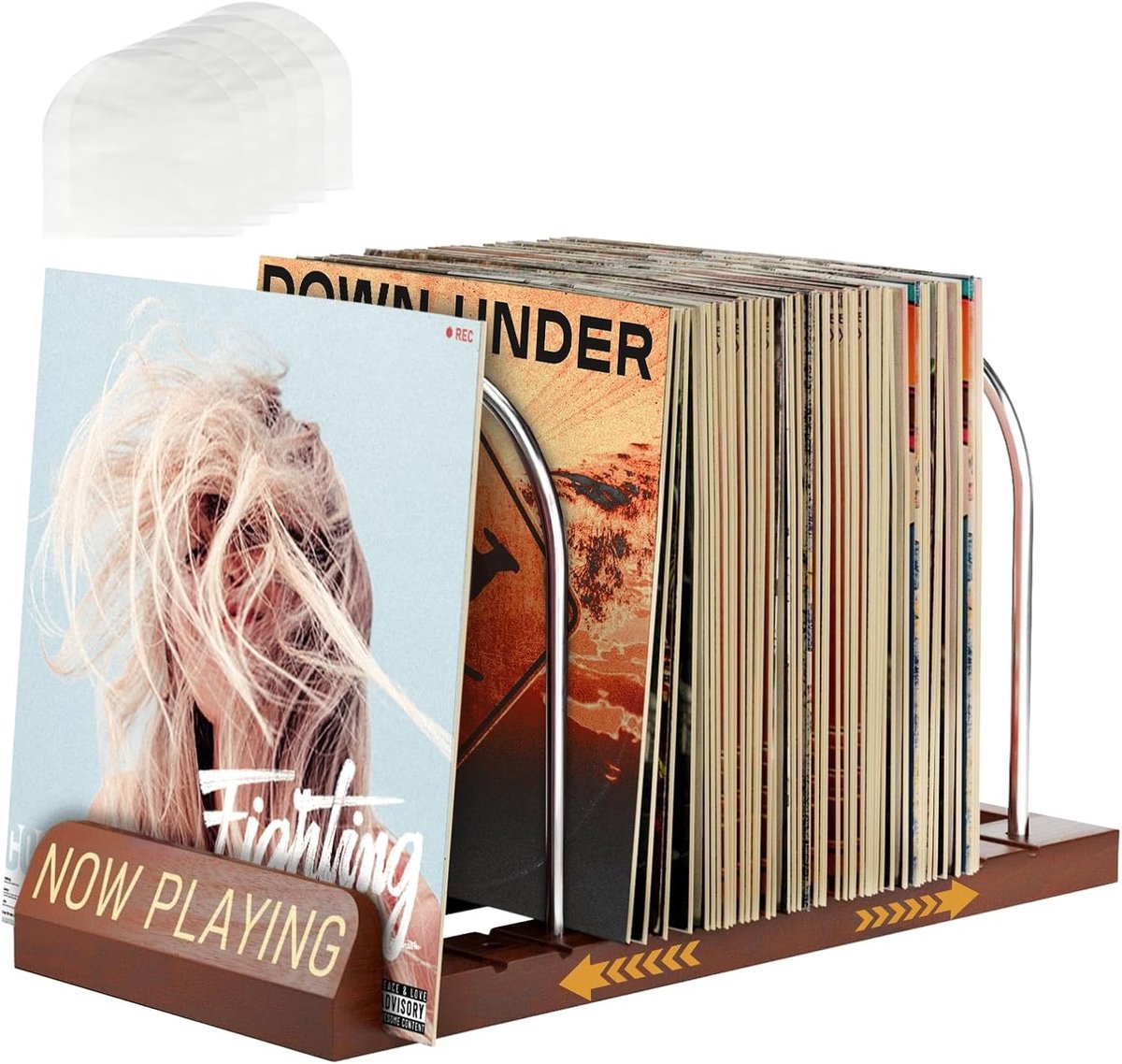 Retro Vinyl Houder voor 30-70 LP's, Schaalbare Platenspeler Stand van Hout en Metaal, Met 5 Compartimenten voor Albums en CD's