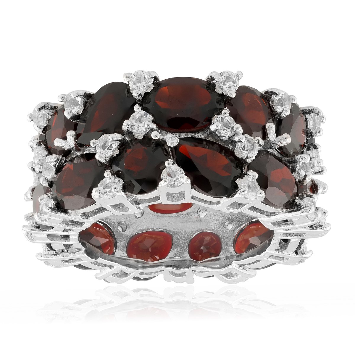 Cavill - Luxe Zilveren Damesring met 8 Ovale, Peervormige en Ronde Zambia Granaten & 40 Witte Topaas - 925 Sterling Zilver Rhodium