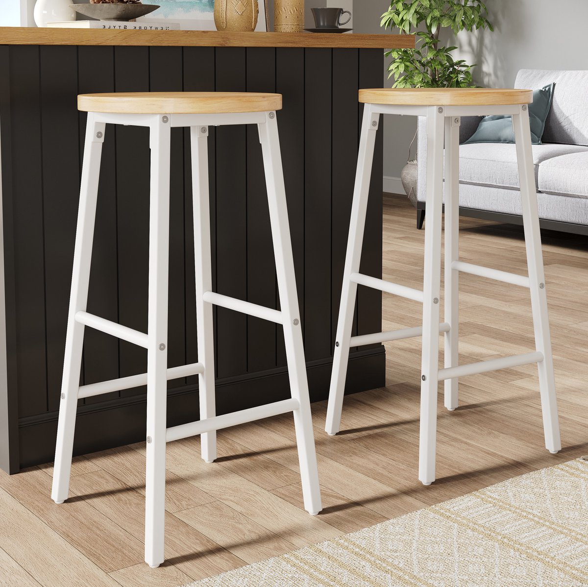 OKWISH Barkruk - 63 cm - Set Van 2 Met Dubbele Voetensteunen En Verstelbare Antislip Voeten - Voor Bar Of Keukeneiland - MDF En Metaal - Wit