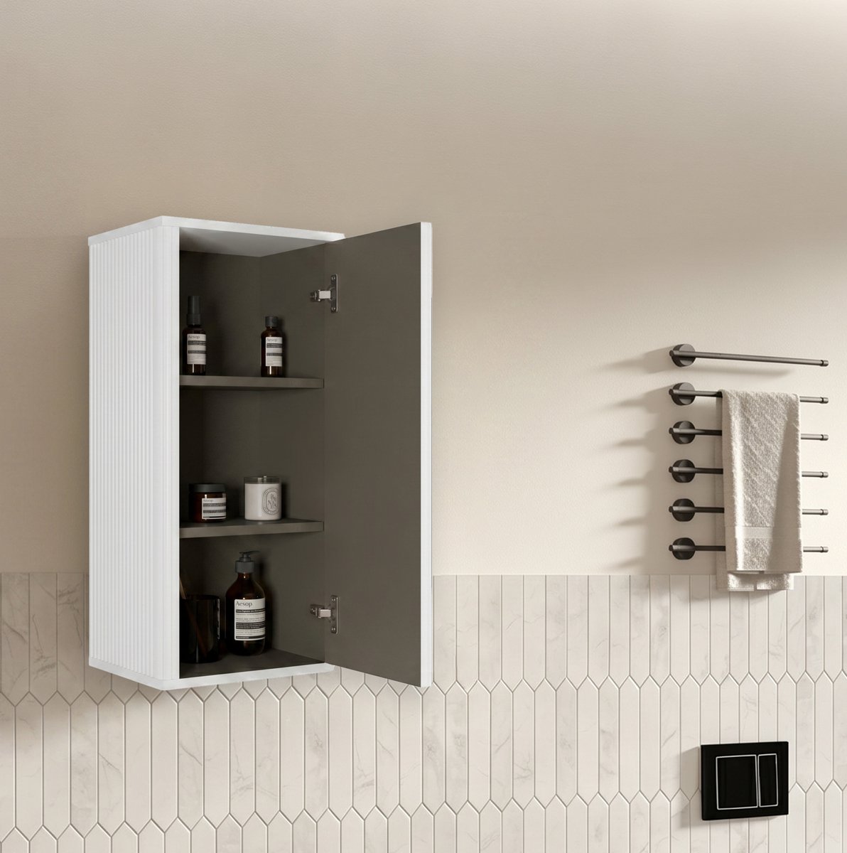 OKWISH Halfhoge Kast - Wandkast Voor Badkamer En Woonkamer - 36x29x75 cm - 1 Deur - Push-To-Open - Geribbeld Design - MDF Multiplex Wit