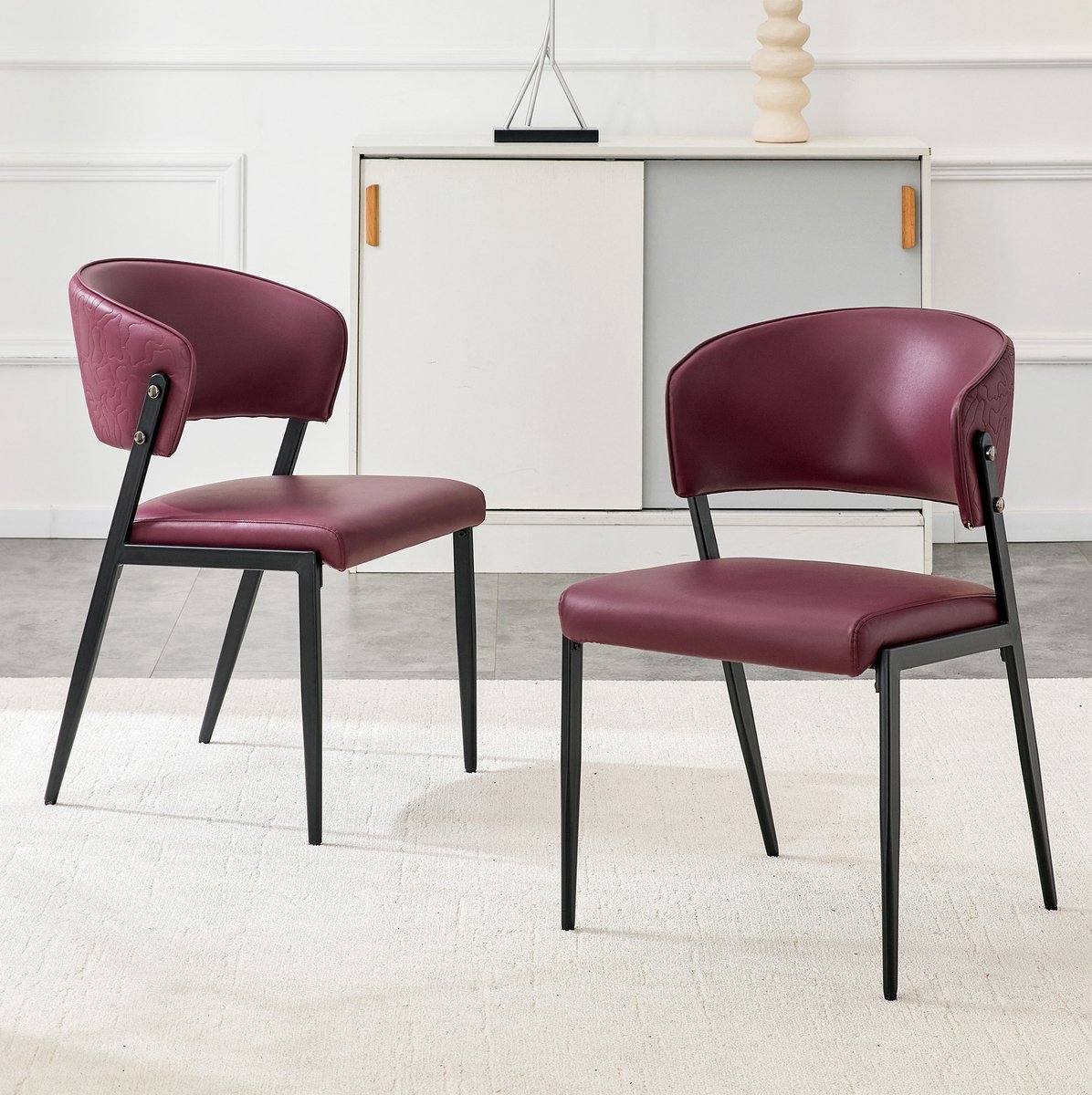 OKWISH Eetkamerstoel - Ergonomische Rugleuning - Set Van 2 - Kunstleer Zitting Met Metalen Onderstel - Modern - Rood - Voor Eetkamer Of Keuken
