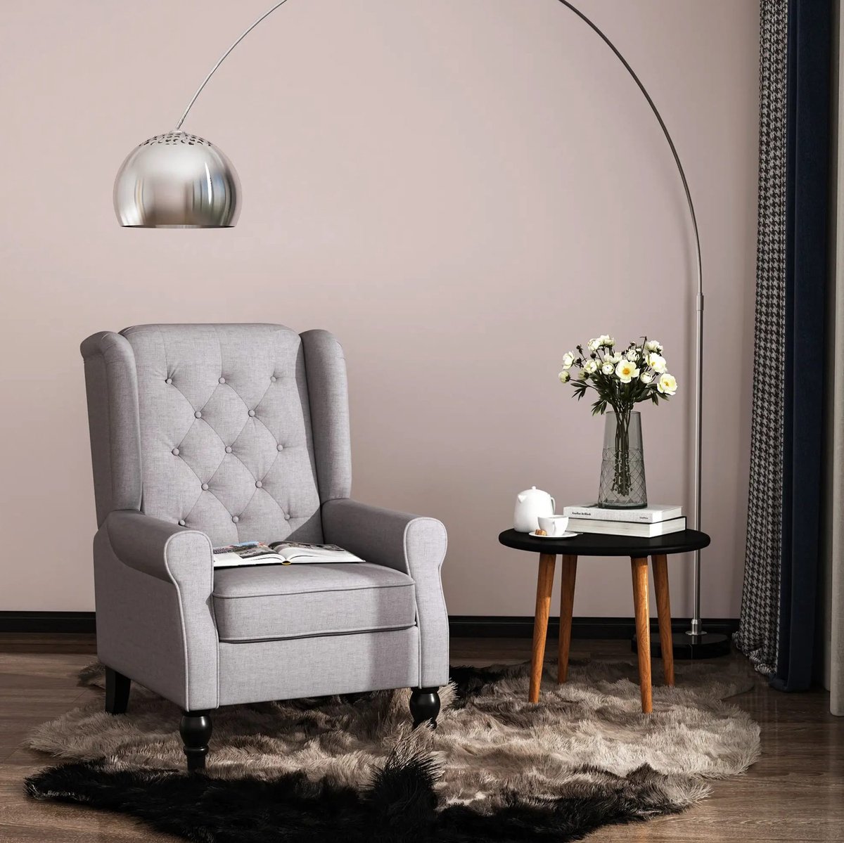 OKWISH Fauteuil 74 x 86 x 102 cm - Niet Verstelbare Relaxfauteuil Met Hoge Rugleuning En Knopen - Voor Woonkamer Of Leeshoek - Polyester - Grijs