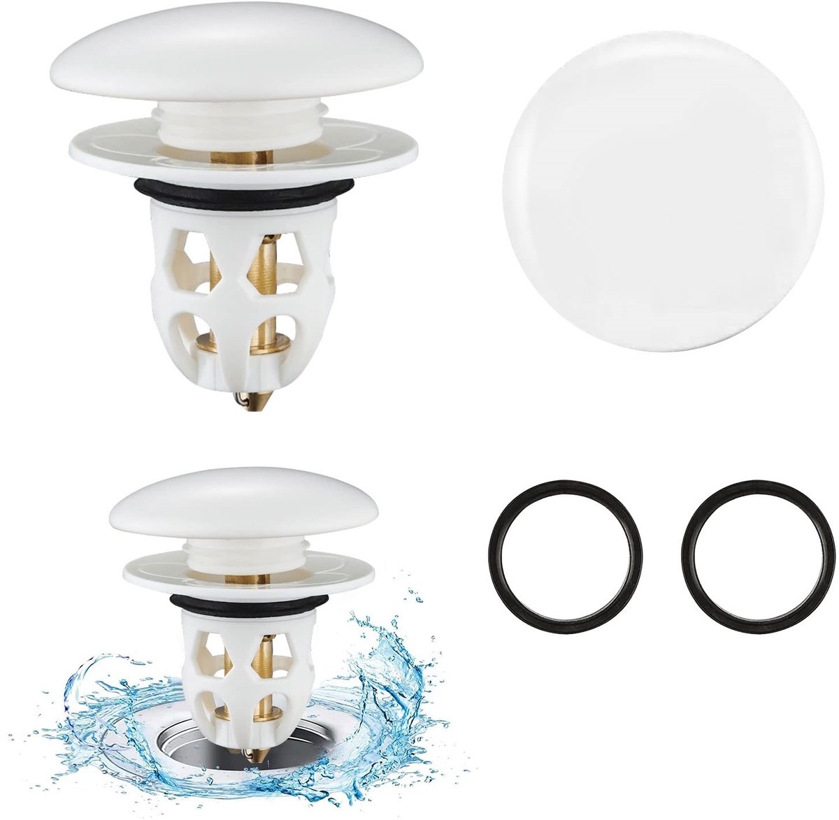 longziming -2 Stuks Universele Wastafel Afvoerplug 34–40 mm – Pop-up Afvoerstop met Haarfilter – Keramische Afdekking en Messing Kern – Anti-Verstopping en Lekvrij