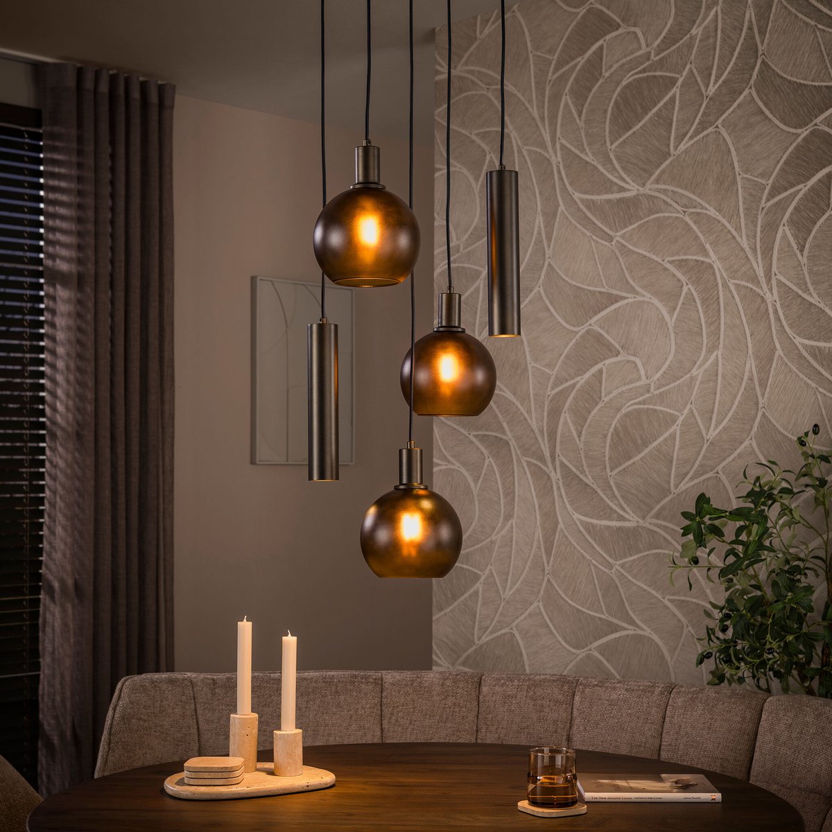 PS-Collection Hanglamp Sienna Bruin Glas Getrapt 5-lichts - Sfera - hanglampen eetkamer, hanglamp zwart, hanglampen woonkamer, hanglamp slaapkamer, hanglamp rotan, hanglamp hout, hanglamp industrieel, hanglamp glas, hang lamp