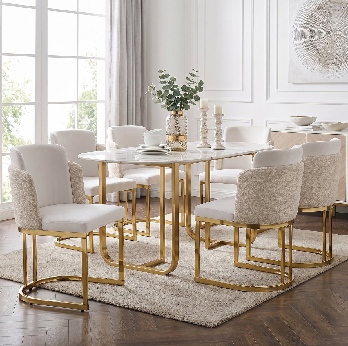 STILVORA Eetkamerstoel 61,5 x 53,5 x 86 cm - Set Van 6 Met Armleuning En Dubbele Rugleuning - Voor Eetkamer Woonkamer En Cafe - Chenille Beige Goud