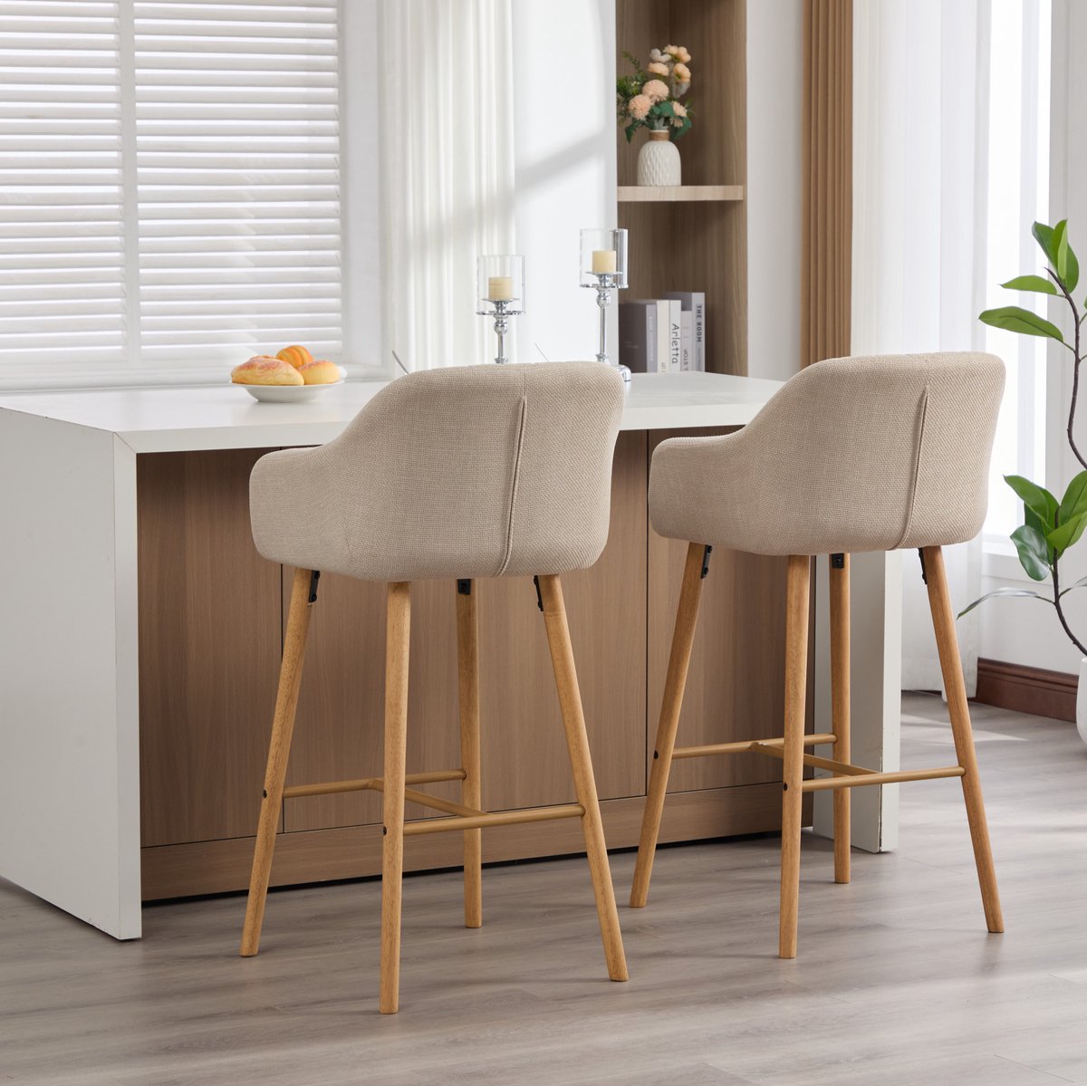 DESMIU Barkruk 58,5 x 55 x 104 cm - Set Van 2 Met Hoge Rugleuning En Armleuningen - Voor Keuken En Keukeneiland - Stof Beige