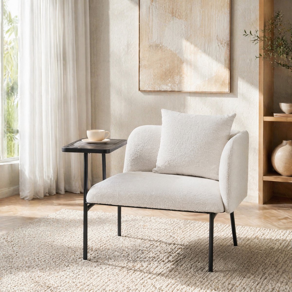 FloraGrace Fauteuil 86 x 72 x 71 cm Met Bijzettafel En Opbergtassen Comfortabele Relaxstoel Voor Woonkamer Of Slaapkamer Stof Beige