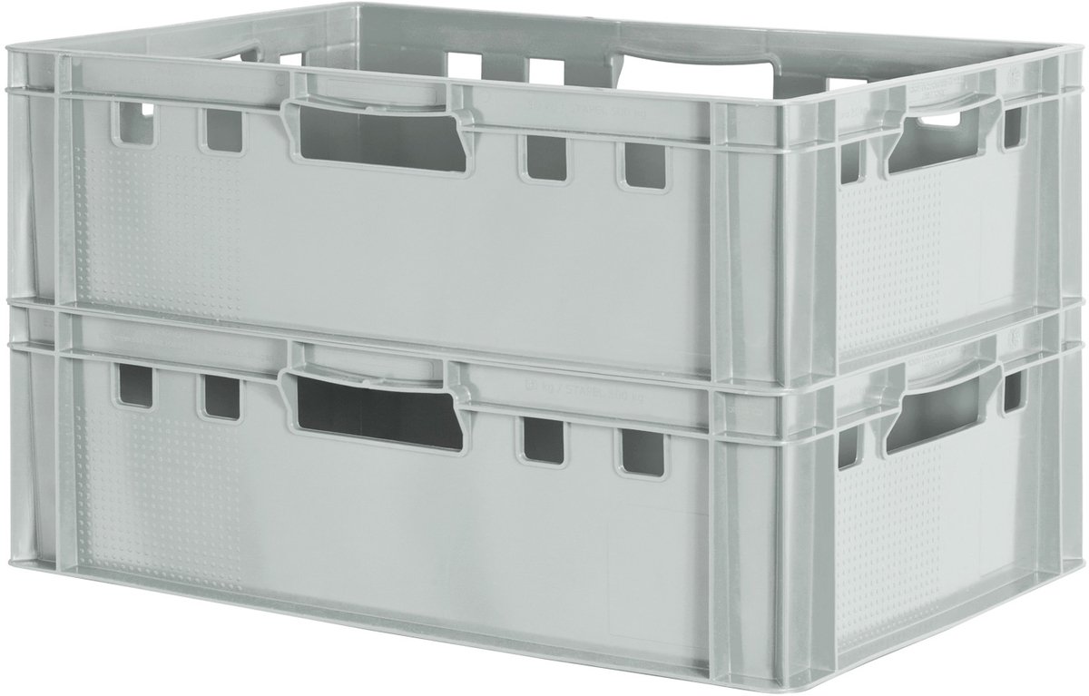 2 E2 vleeskratten, voedselveilige Euroboxen, slagerskratten, opbergdozen, plastic trays, stapelbare opbergkratten, 60 x 40 cm, grijs, Kingpower