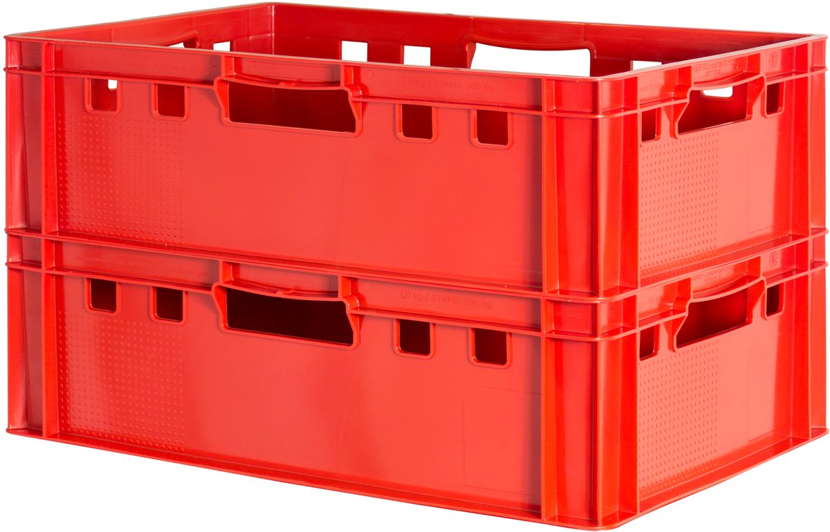2 E2 Vleeskratten, Rood, Eurobox, Voedselveilig, Slagerskist, Opbergdoos, Plastic Bak, Stapelbaar, 60 x 40 cm, Kingpower