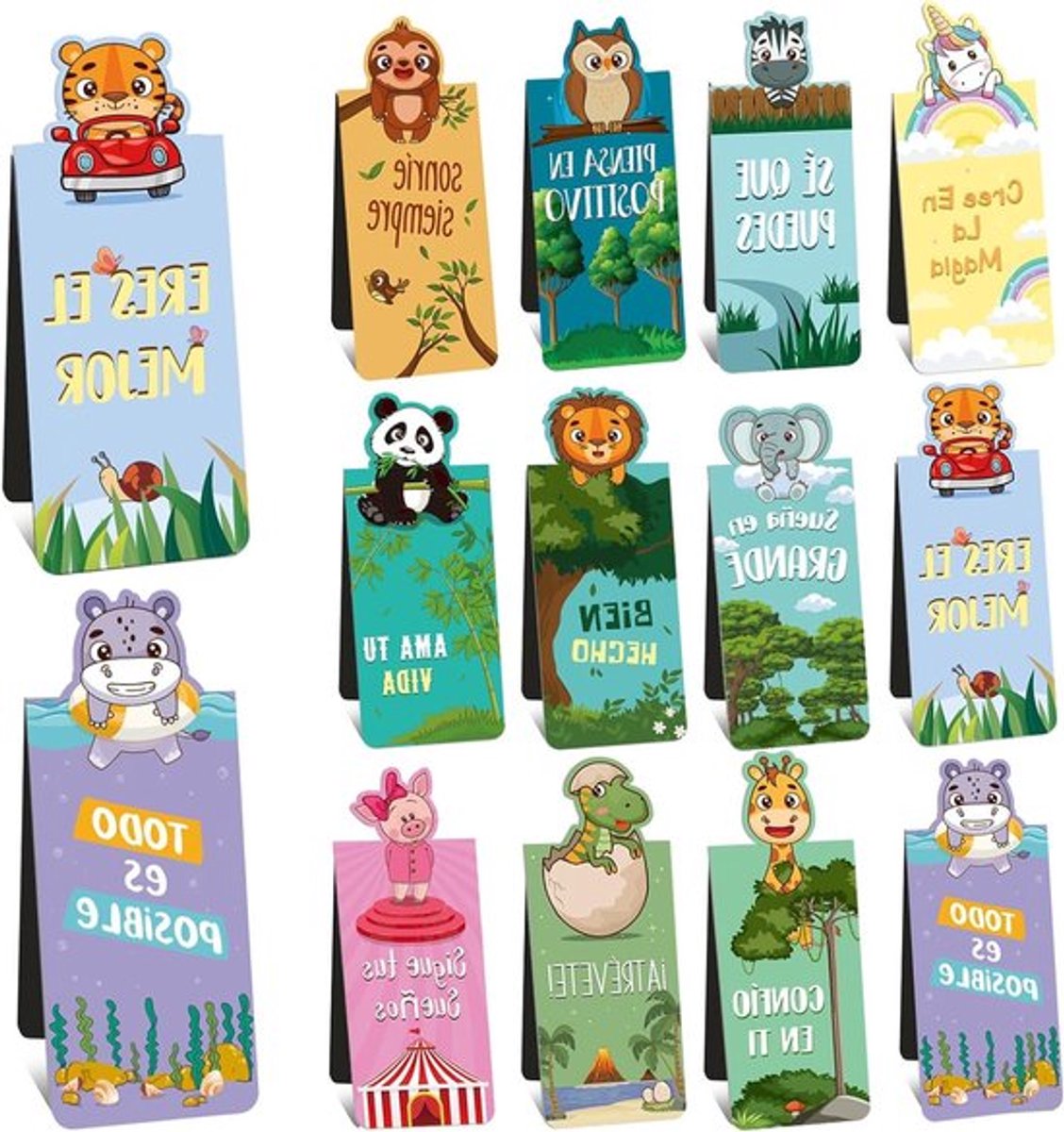 Set van 12 magnetische boekenleggers met kleurrijke dierenillustraties en inspirerende spreuken, perfect als cadeau voor verjaardag of eerste schooldag