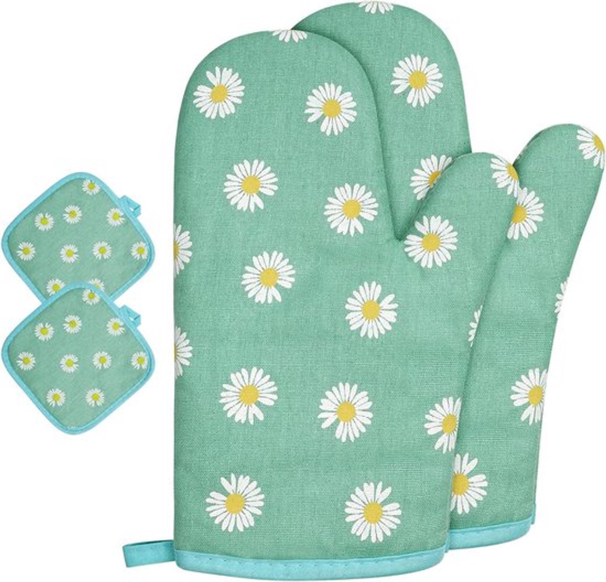 Set van 1 paar hittebestendige barbecuehandschoenen en 2 groene pannenlappen van katoen met madeliefjesprint voor veilig en comfortabel gebruik bij hoge temperaturen