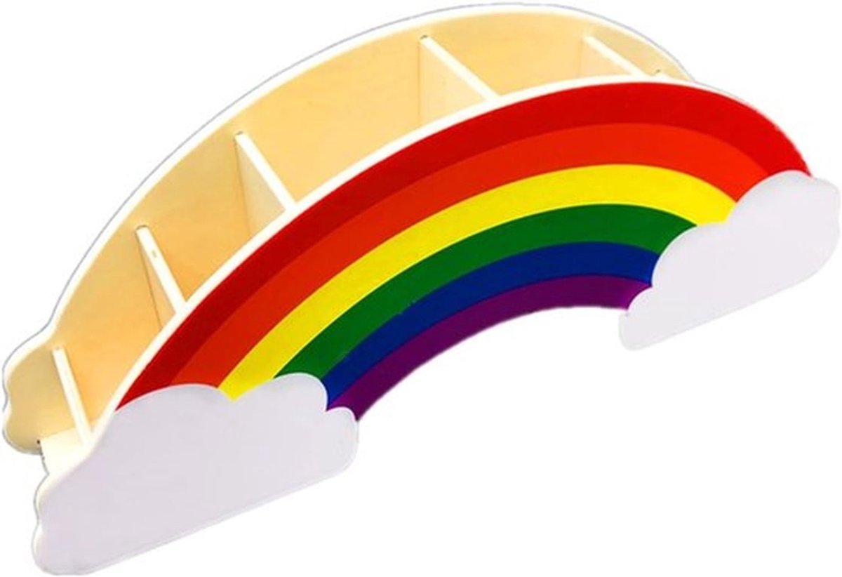 Houten regenboog pennenhouder met meerdere vakken voor bureau, ideaal voor het organiseren van make-up en schrijfwaren op een overzichtelijke manier