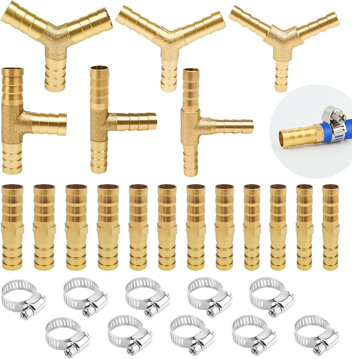 18 stuks messing slangverbinders met slangklemmen | Recht, T en Y modellen in 6 mm, 8 mm en 10 mm voor optimale verbindingen