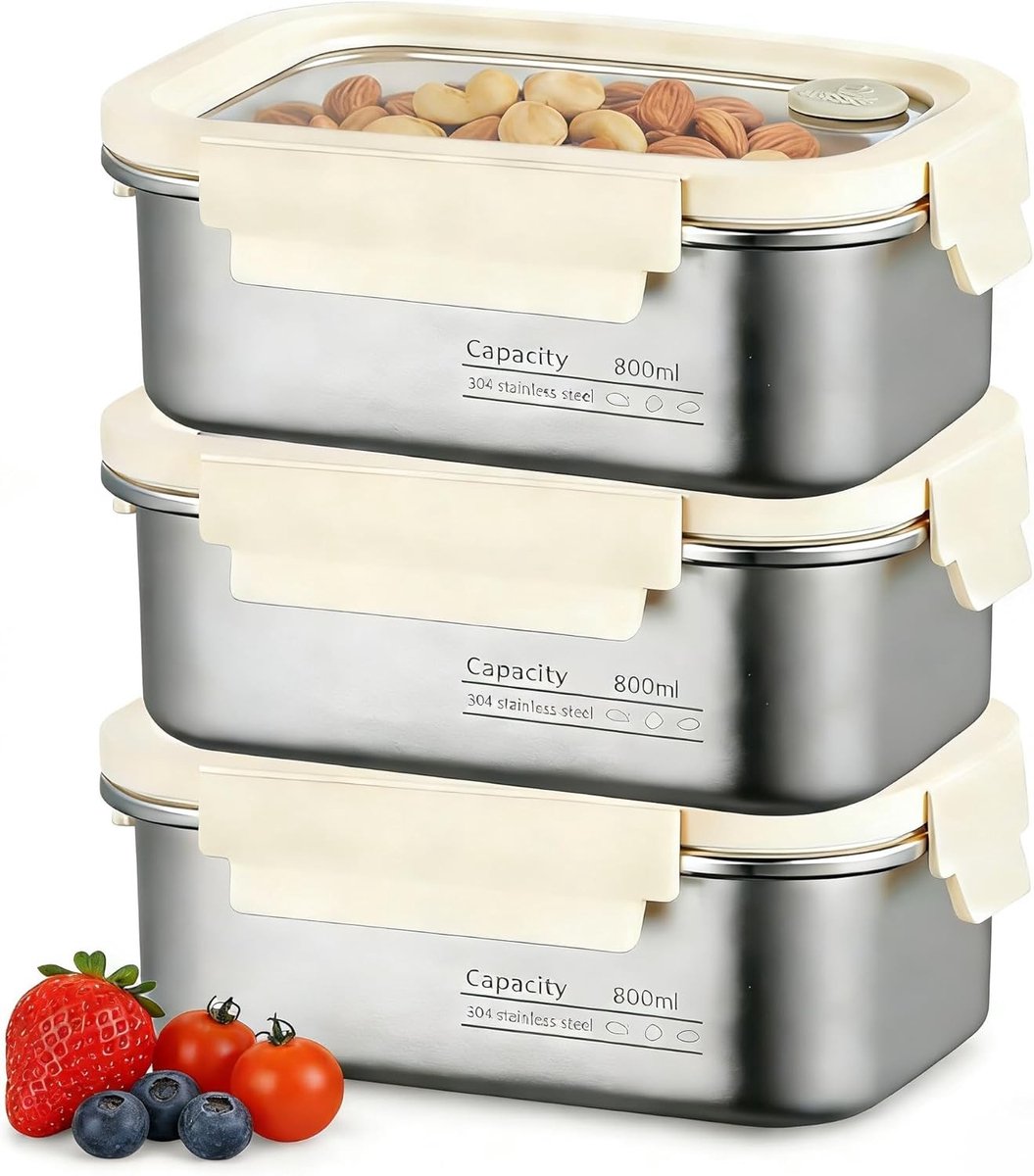 Set van 3 RVS Voedselopslagdozen met Deksel, 800ml Luchtdichte Snackbox, Lekvrije Container met Kijkvenster en Vacuümsluiting