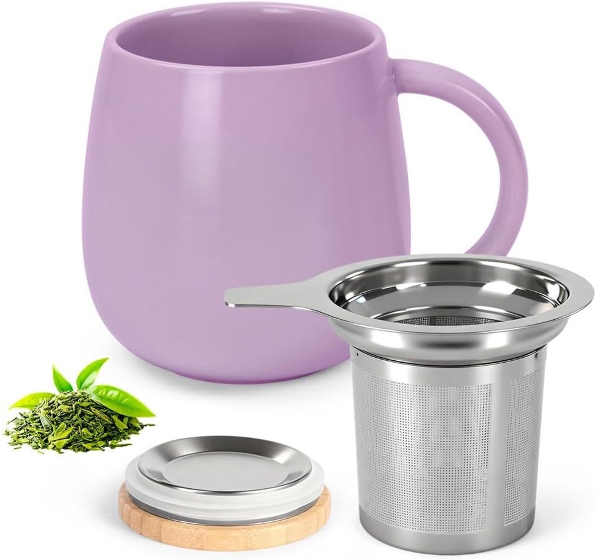 Mok met Filter en Deksel, 480 ml Porseleinen Theekop met Zeef, Geschikt voor Koffie en Thee, Vaatwasserbestendig, Perfect voor Theeliefhebbers, Paars