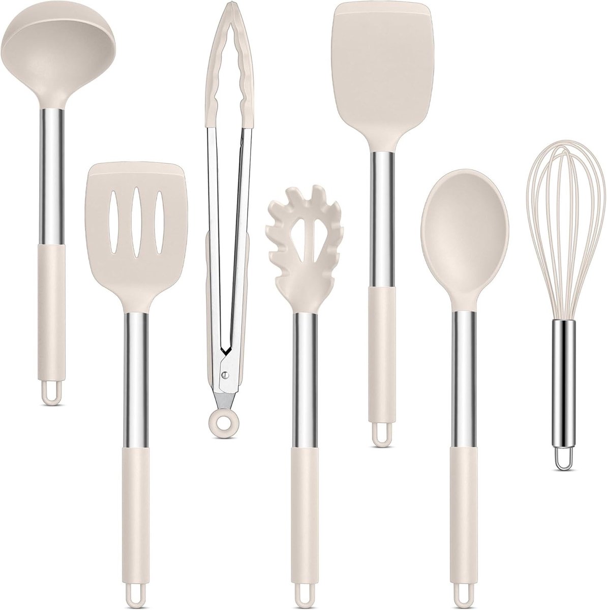 Set van 7 Keukengerei met Khaki Antiaanbaklaag, Warmtebestendige Pannen, Ideaal voor Koken, Bakken en Om Flippen, Makkelijk te Reinigen en Vaatwasmachinebestendig