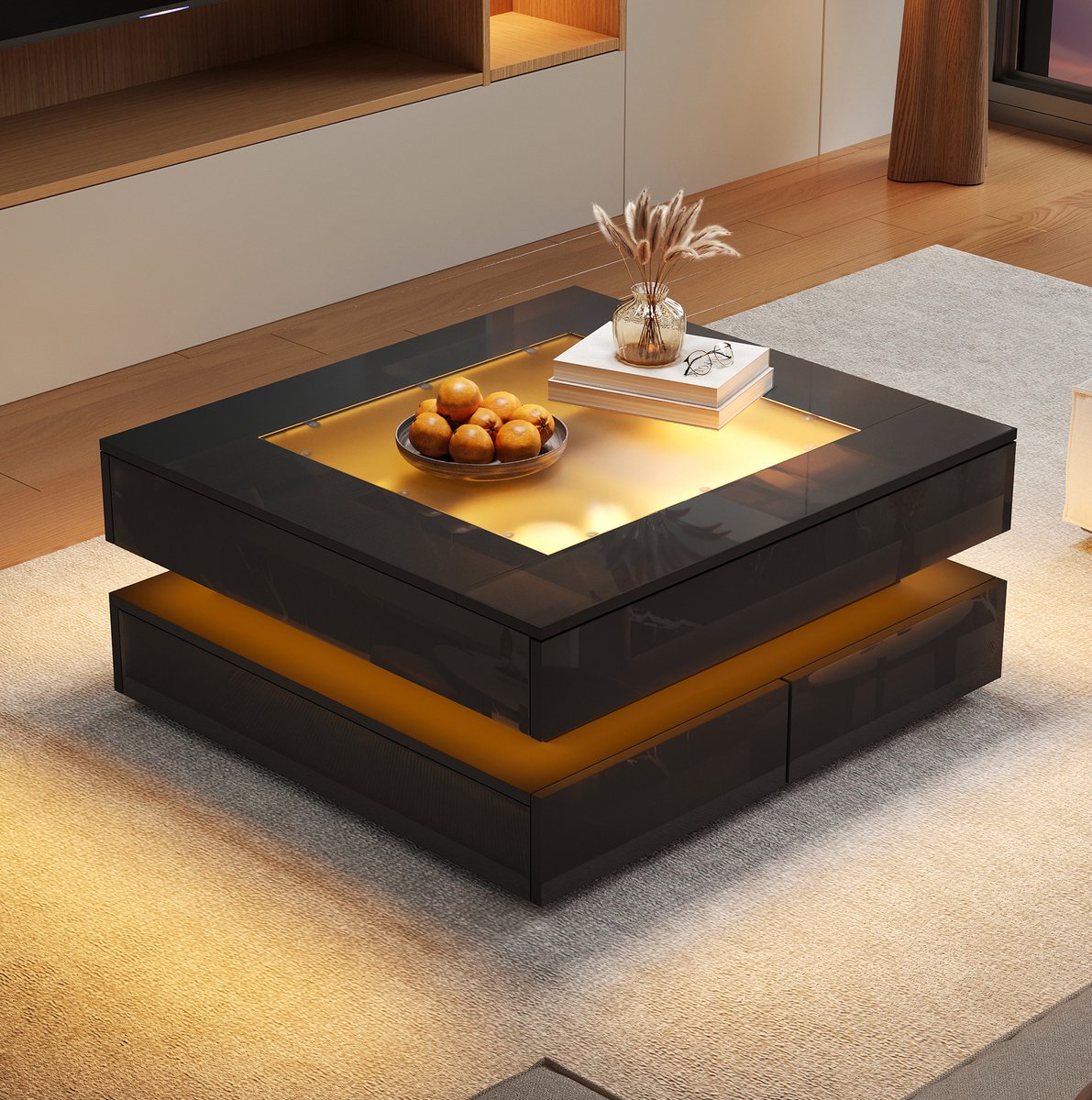 STILVORA Salontafel - Met Glasplaat, LED-Verlichting En 3 Lades - Voor Woonkamer En Kleine Ruimtes - Spaanplaat En Glas - 70x70x35 Cm - Zwart