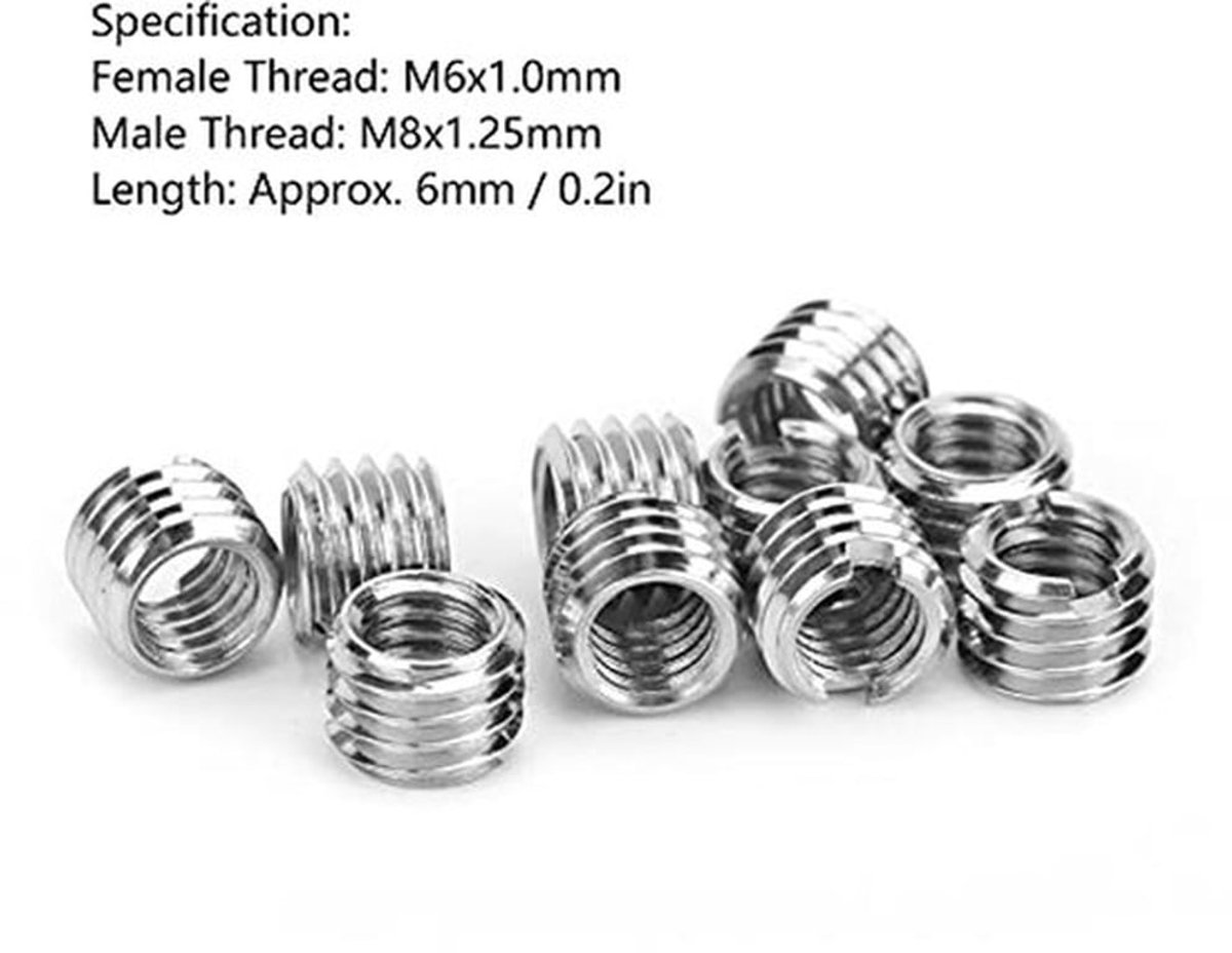 10 stuks draadreductie M8 naar M6, draadinserts draadadapters van roestvrij staal voor het snijden van schroefdraden met verloopmoer binnendraad M6x1,0mm, buitendraad M8x1,25mm