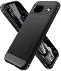 Twee zwarte Spigen cases voor Google Pixel 8a gekruist, met gestreept en carbon details.