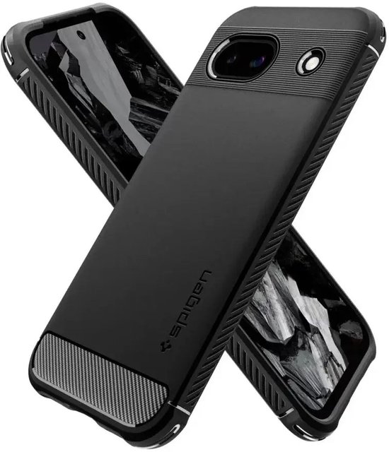 Twee zwarte Spigen cases voor Google Pixel 8a gekruist, met gestreept en carbon details.