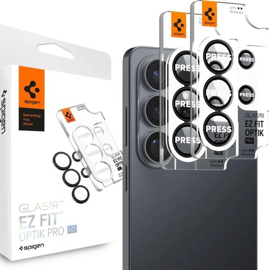 Verpakking en installatiehulp voor Spigen Glas.tR EZ Fit Optik Pro lensbescherming.