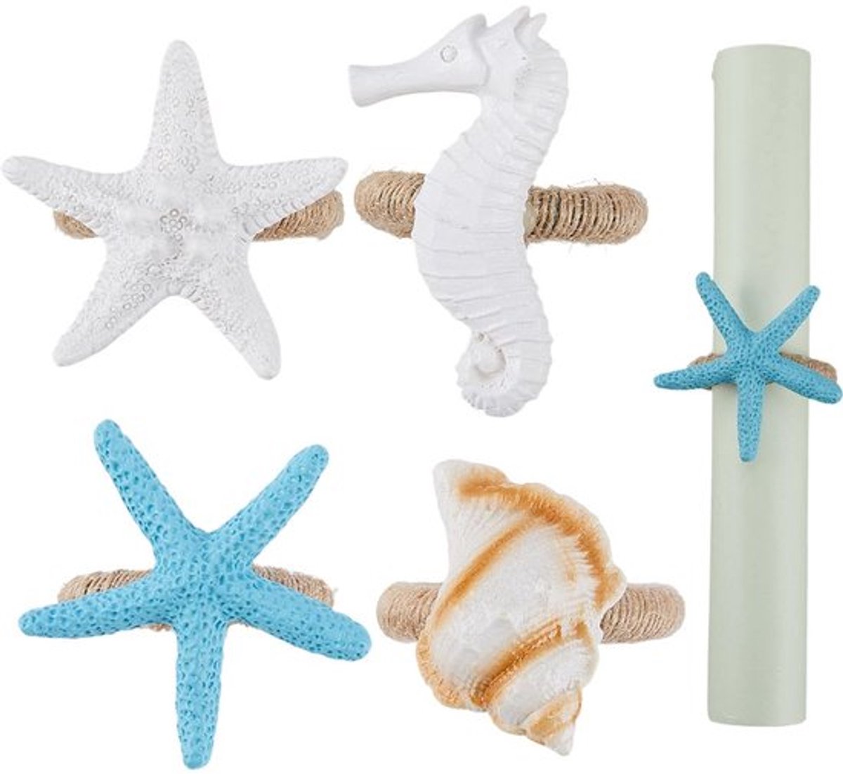 4 stuks 4 stijlen zee servetringen wit blauw hars jute vakantie oceaan strand zeester schelp zeepaardje tafeldecoratie servetten ring voor Pasen banket viering bruiloft feest diner