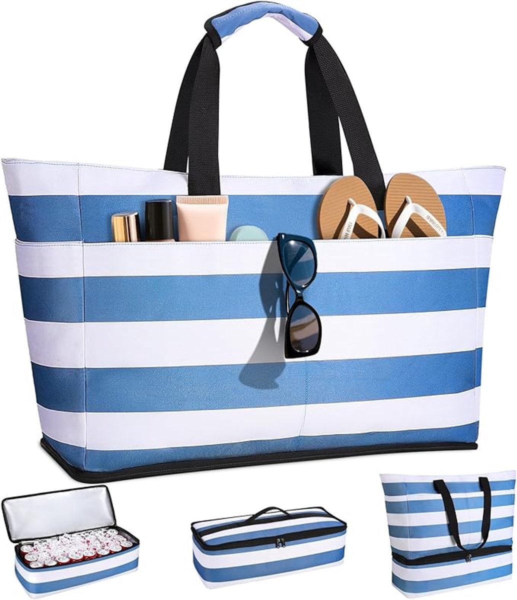VHV Strandtas met Koelvak - 2-in-1 Koeltas en Shopper - 54L Extra Grote Strandtas - Afneembare Geïsoleerde Koeltas - Lekbestendige Picknicktas - Blauw en Wit
