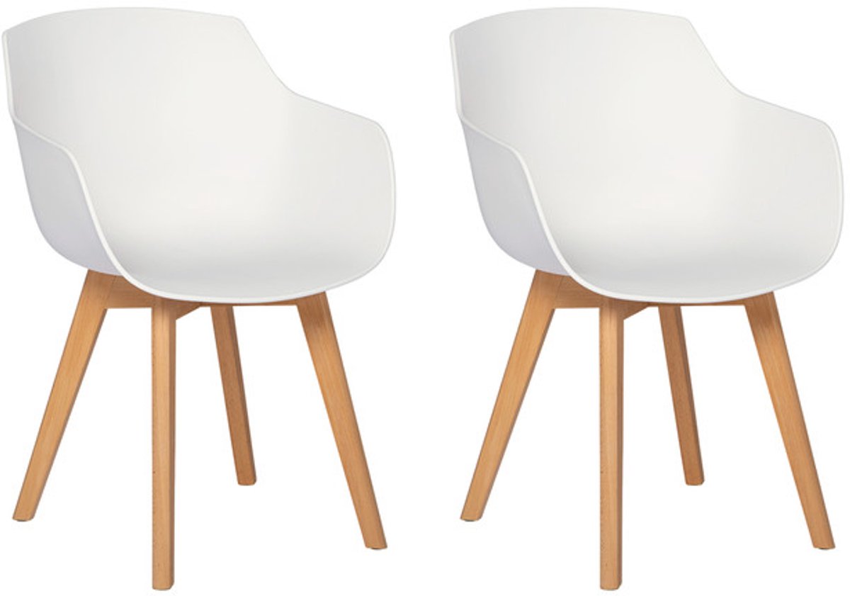 EGGREE Set van 2 eetkamerstoelen met armleuningen - wit | Keukenstoelen van polypropyleen met poten van beukenhout voor eet - en woonkamer