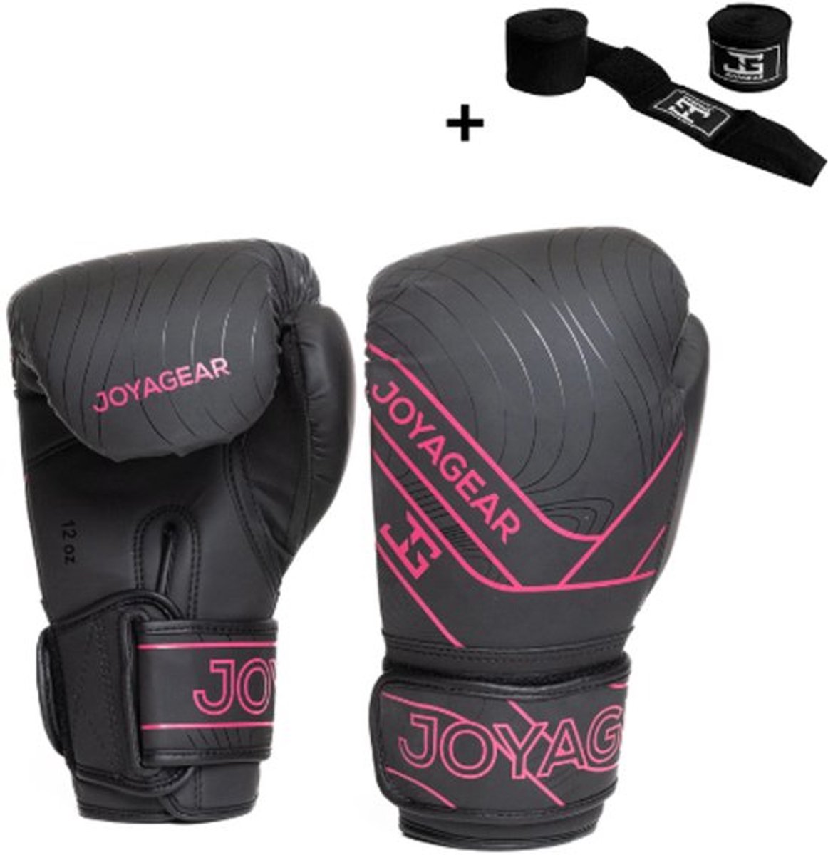 Joyagear ESSENTIAL Bokshandschoenen – Zwart/Roze – 12 oz – Kickbokshandschoenen met Klittenbandsluiting – Inclusief Bandage